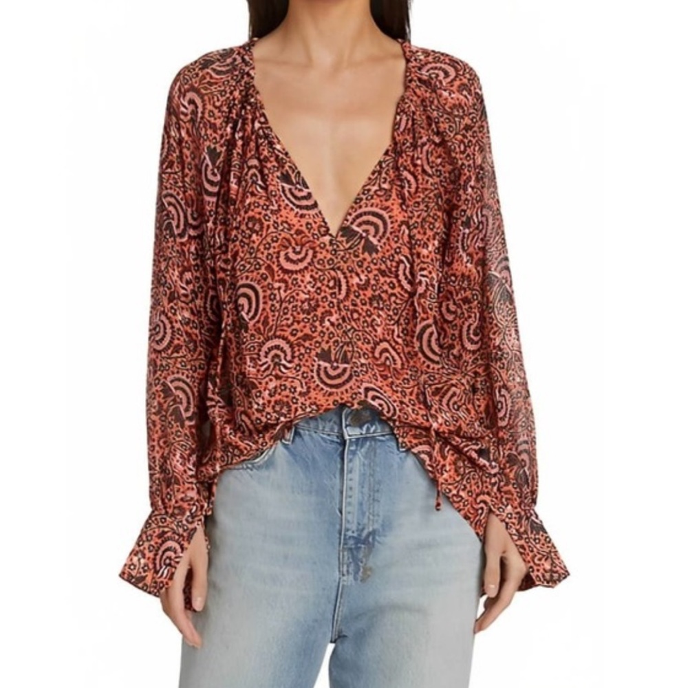 ALC Bryce coral V-Neck Long Sleeve silk Blouse - size 4